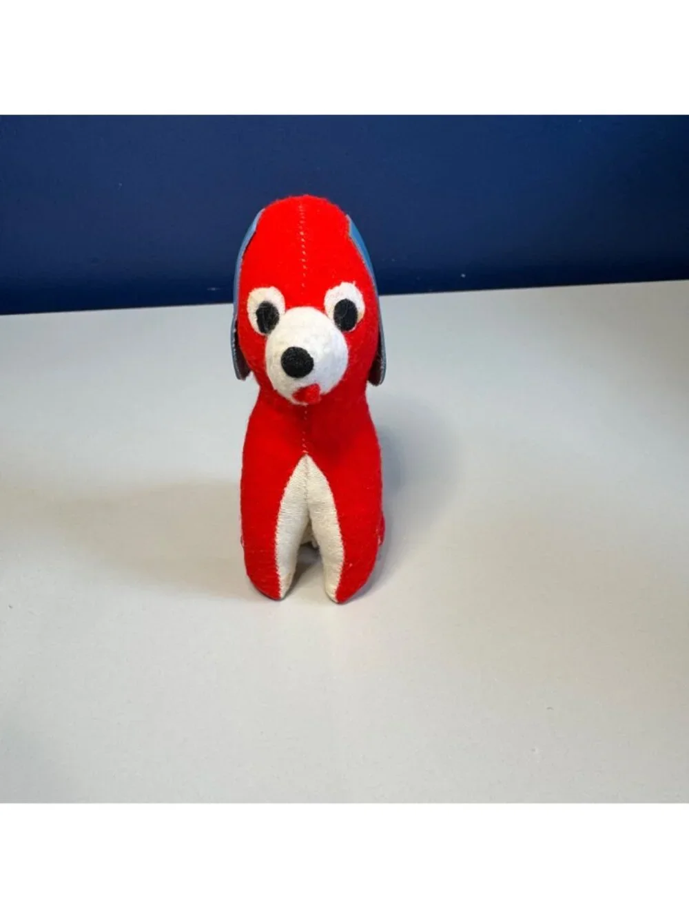 Vintage Red & Blue Felt Dog Plush Toy With Stitched Details And Blue Vinyl Ears